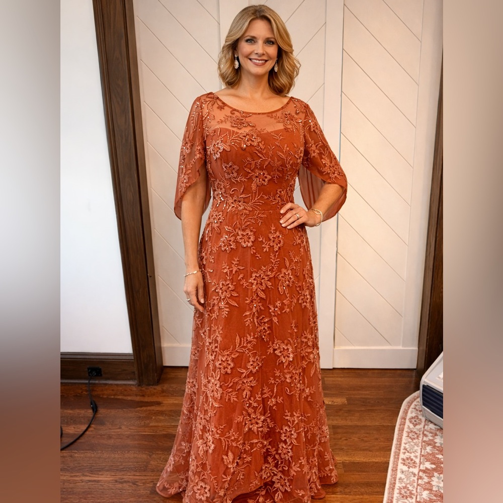 Elegant Long Sleeve Burnt Orange Lace Evening Dress